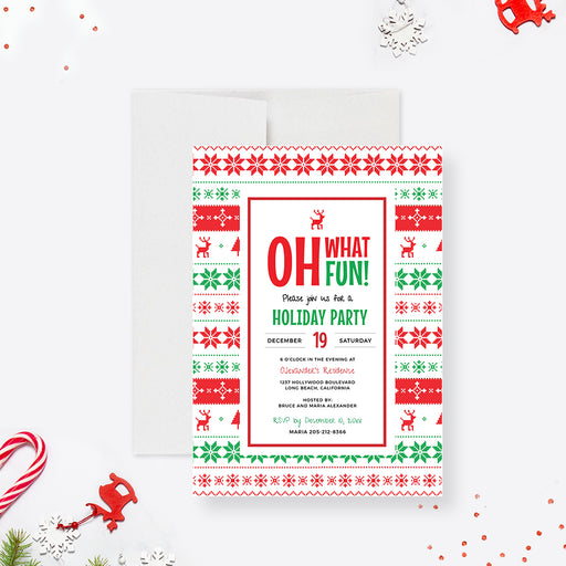 Oh What Fun Christmas party invitation template with red, green and white sweater patterns around event details.