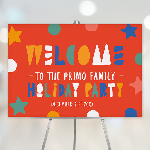 Colorful holiday party welcome sign with creative festive lettering and playful shapes, customizable with family name and event details for Christmas and seasonal celebrations.