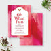 “Oh What Fun” digital holiday invitation featuring a red watercolor background, gold accents, and elegant Christmas party design.