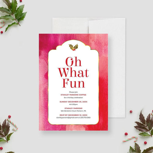 “Oh What Fun” digital holiday invitation featuring a red watercolor background, gold accents, and elegant Christmas party design.