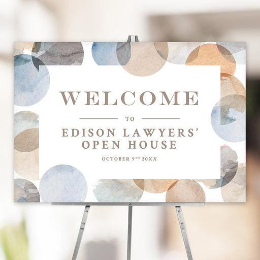 Modern open house welcome sign for corporate events with neutral watercolor circle design