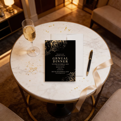 Corporate annual dinner invitation featuring elegant black and gold marble design