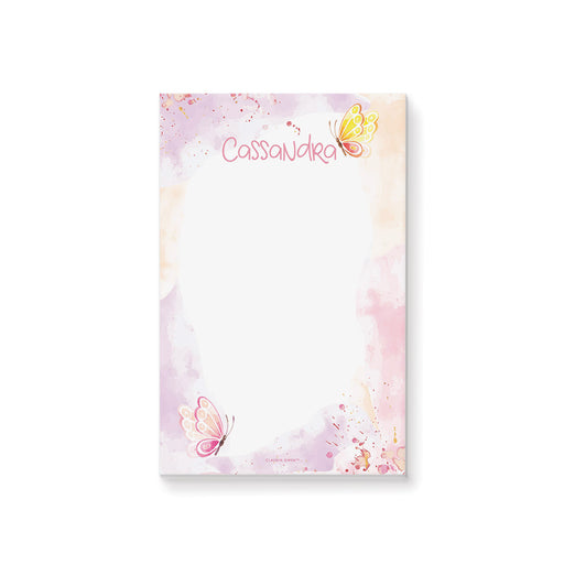 Personalized notepad featuring a soft pastel watercolor butterfly design and custom name for girl’s stationery gifts