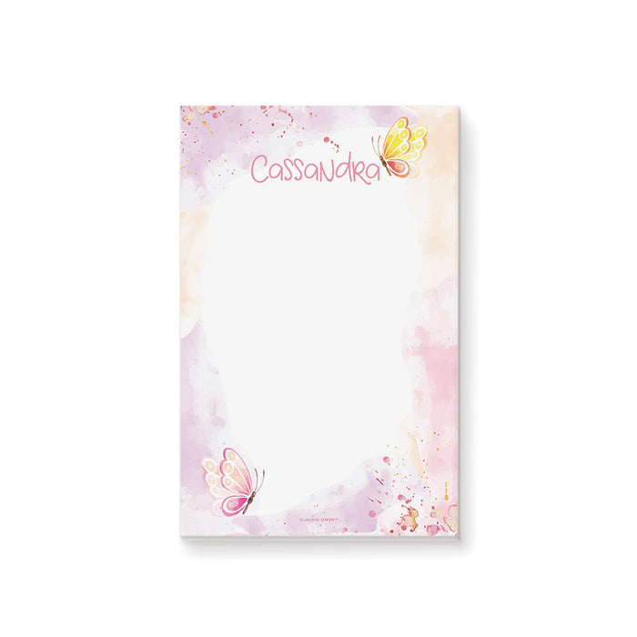 Personalized notepad featuring a soft pastel watercolor butterfly design and custom name for girl’s stationery gifts