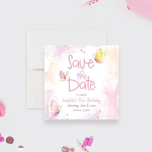 First birthday save the date card featuring a whimsical butterfly theme in soft pastel colors for a baby girl party-front
