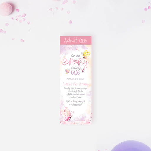 Butterfly admit one ticket style birthday invitation with pink watercolor background and delicate butterfly illustrations for a girl’s first birthday
