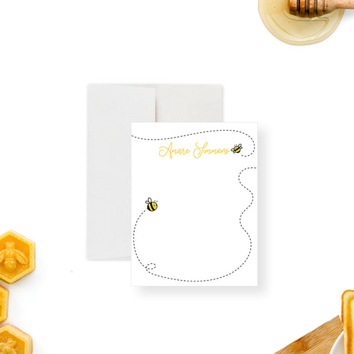 Personalized honey bee note card with cute bee illustrations, dotted flight path design, and custom name kids' stationery-front
