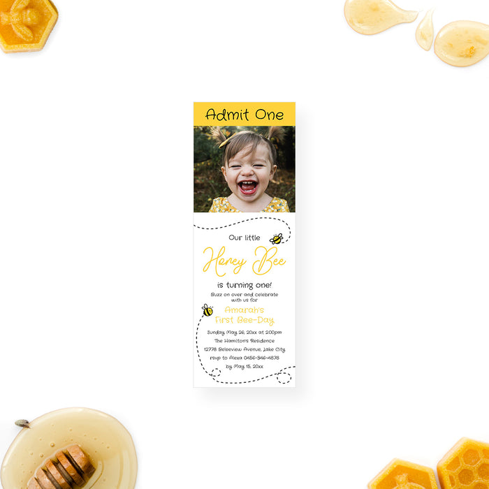 Honey bee birthday ticket invitation with admit one header, baby photo, cute bee illustrations, and yellow accents for a first birthday.