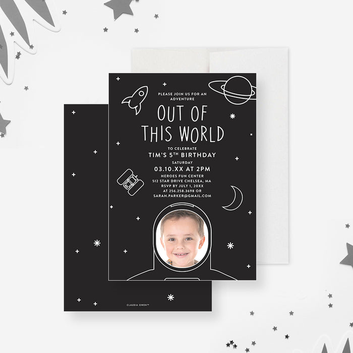 Out of this World Astronaut Birthday Party Invitation with Custom Photo for Kids, Space Adventure Birthday Invite for Kids