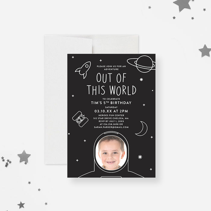 Out of this World Astronaut Birthday Party Invitation with Custom Photo for Kids, Space Adventure Birthday Invite for Kids