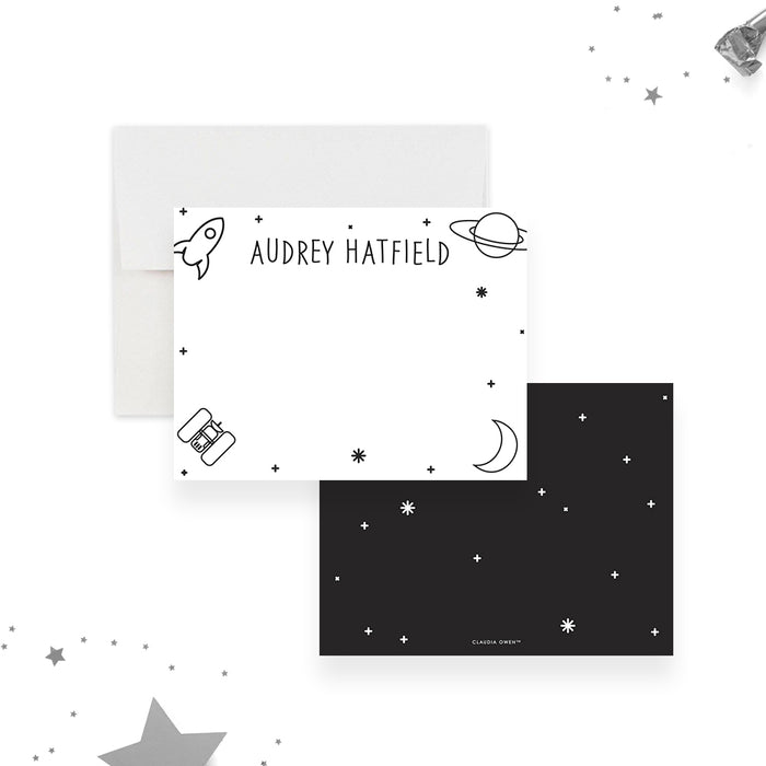 Personalized space-themed note card with rockets, planets, and star illustration-front-back