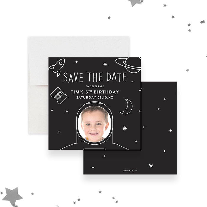 Space-themed birthday save the date card featuring an astronaut photo with rockets, planets, and stars-front-back