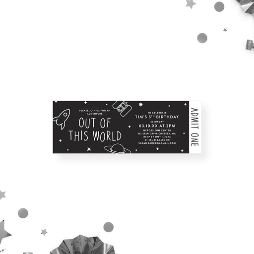 Out of this world birthday party ticket invitation with rockets, planets, and stars