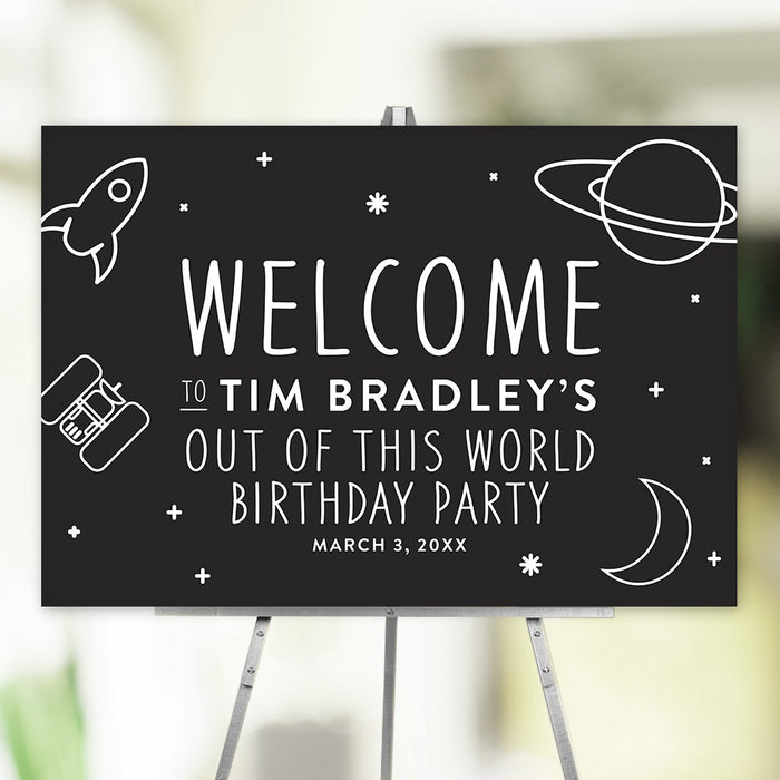 "Out of This World" birthday welcome sign with a rocket ship, planets, and stars design