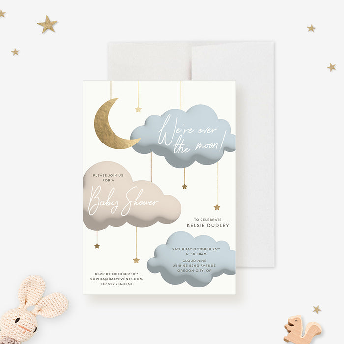 We’re Over The Moon baby shower invitation card with moon and clouds design