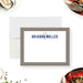 Personalized note card with a white writing area with a dark plaid border, a small oyster illustration, and a name in navy. Shown with a white envelope.