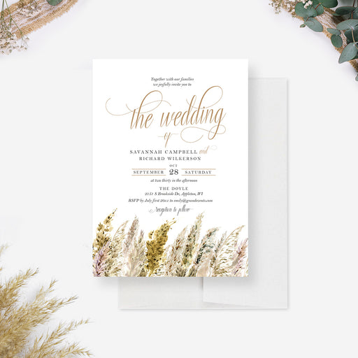 Pampas grass wedding invitation with elegant boho watercolor design