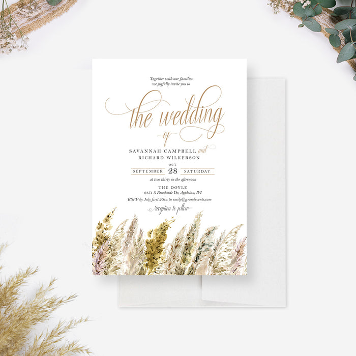 Pampas grass wedding invitation with elegant boho watercolor design
