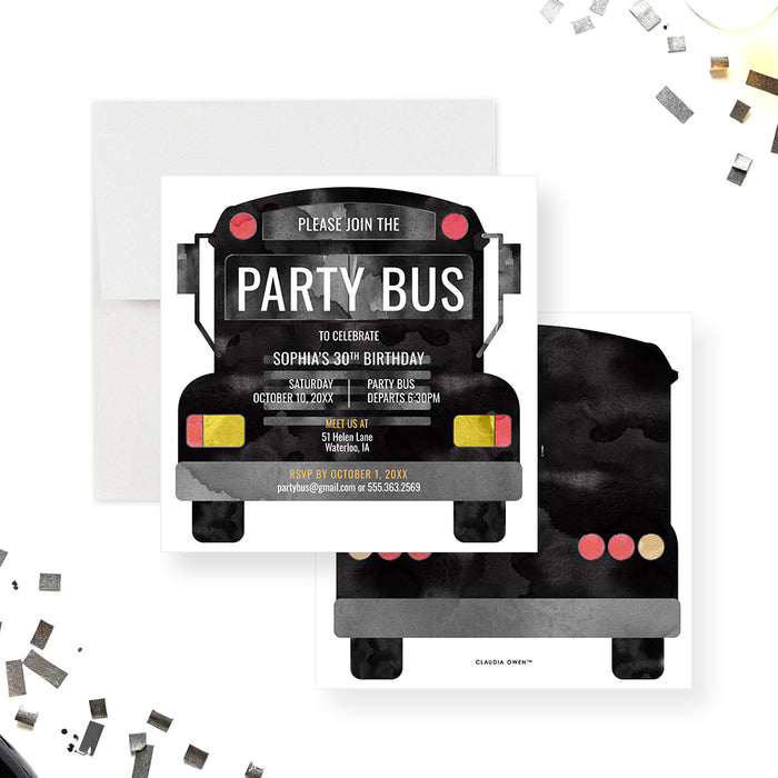 Party bus birthday invitation card perfect for birthdays, bachelor or bachelorette parties, and bar crawls.-front-back