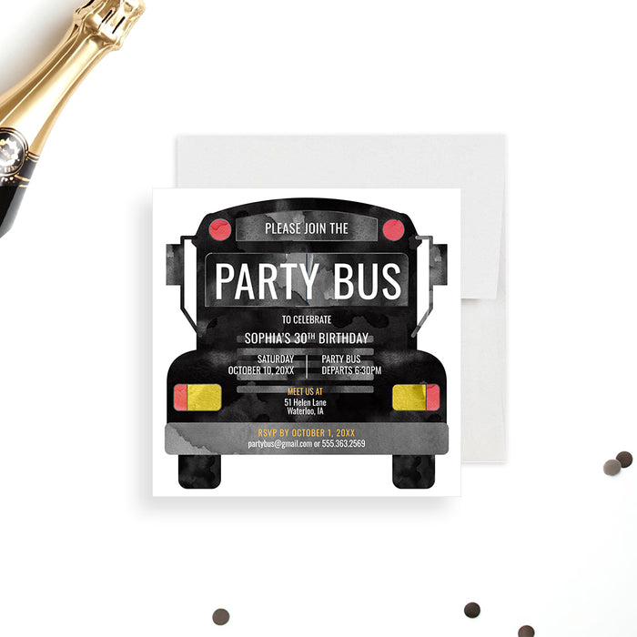 Party bus birthday invitation card perfect for birthdays, bachelor or bachelorette parties, and bar crawls.-front