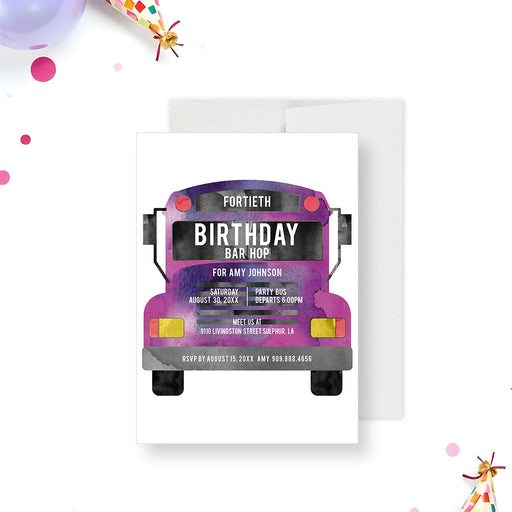 Party bus birthday invitation for adult bar hop celebration-front