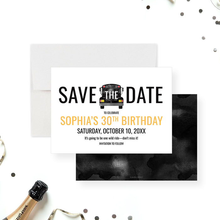 Party bus save the date card perfect for birthdays, bar crawls, and bachelor or bachelorette parties.-front-back