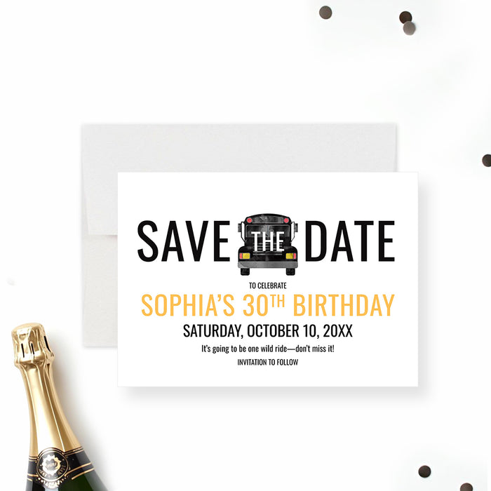 Party bus save the date card perfect for birthdays, bar crawls, and bachelor or bachelorette parties.-front