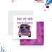 Fun save the date card featuring a watercolor party bus illustration, customizable for 30th, 40th, or 50th birthday celebrations-front-back