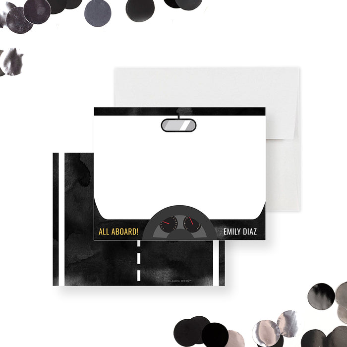 Thank you card with a party bus theme and dashboard design.-front-back