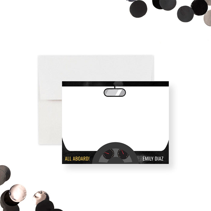 Thank you card with a party bus theme and dashboard design.-front