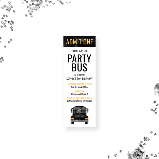Party bus birthday ticket invitation, admit one birthday night out invite for party bus and nightlife celebrations