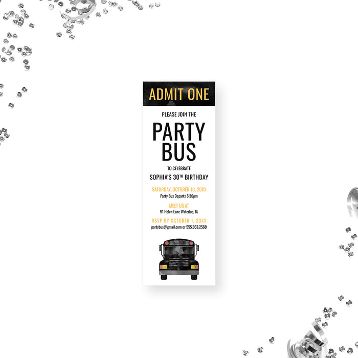 Party bus birthday ticket invitation, admit one birthday night out invite for party bus and nightlife celebrations