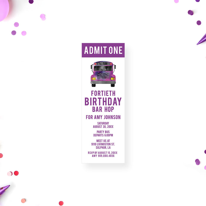 Birthday ticket invitation featuring a watercolor party bus illustration, serving as an admit-one entry pass for party bus and bar hop celebrations.