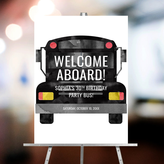 Personalized party bus birthday welcome sign used as event entrance décor, signage, and a photo backdrop