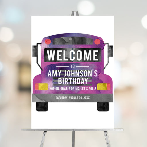 Birthday welcome sign featuring a watercolor party bus illustration, personalized to welcome guests and guide them into the celebration.