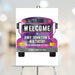 Birthday welcome sign featuring a watercolor party bus illustration, personalized to welcome guests and guide them into the celebration.