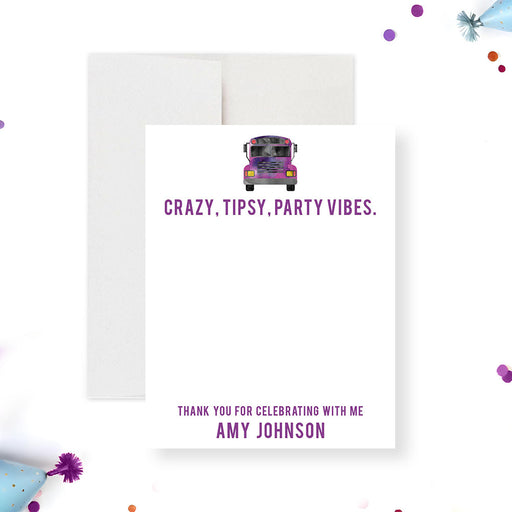 Personalized party bus thank you card for adult birthday celebration-front