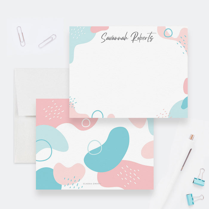 Personalized pastel note card front and back, with pink and teal abstract shapes, circles, small brushstrokes and a script name.