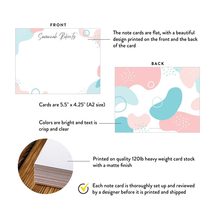 A2 note card specifications: 5.5 × 4.25 inches, double-sided printing and heavyweight 120 lb matte cardstock.