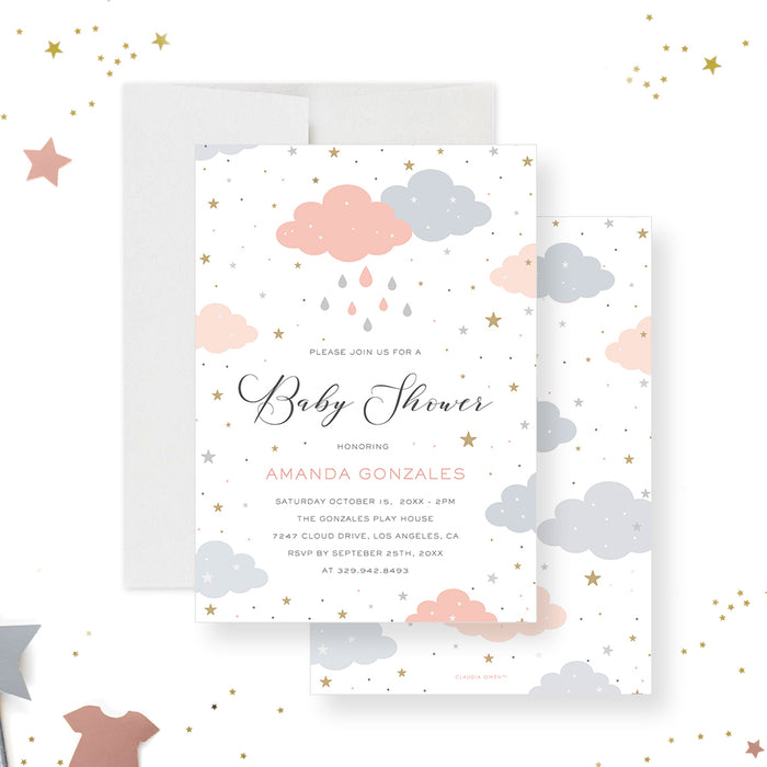 pastel baby shower invitation with pink and gray clouds, raindrops, and gold star accents-front-back