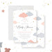pastel baby shower invitation with pink and gray clouds, raindrops, and gold star accents-front-back