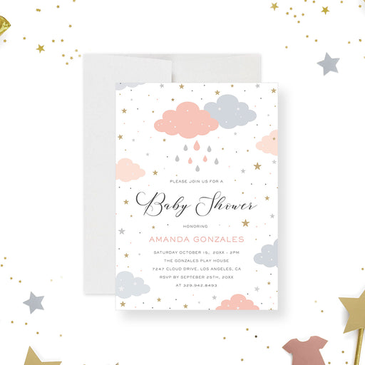 pastel baby shower invitation with pink and gray clouds, raindrops, and gold star accents-front
