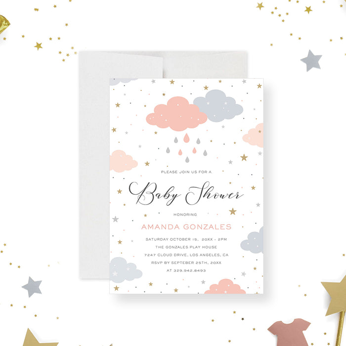 pastel baby shower invitation with pink and gray clouds, raindrops, and gold star accents-front