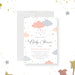 pastel baby shower invitation with pink and gray clouds, raindrops, and gold star accents-front