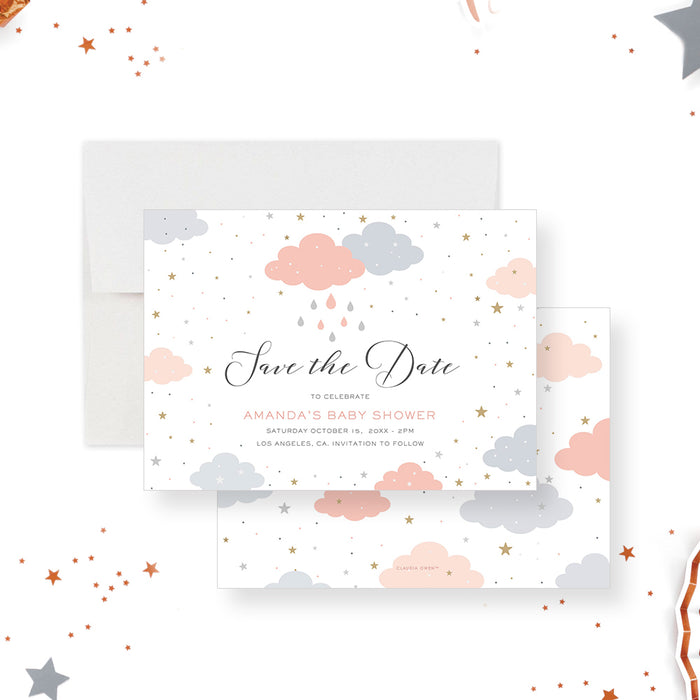 pastel baby shower save the date card with clouds, raindrops, and star accents-front-back