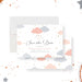 pastel baby shower save the date card with clouds, raindrops, and star accents-front-back