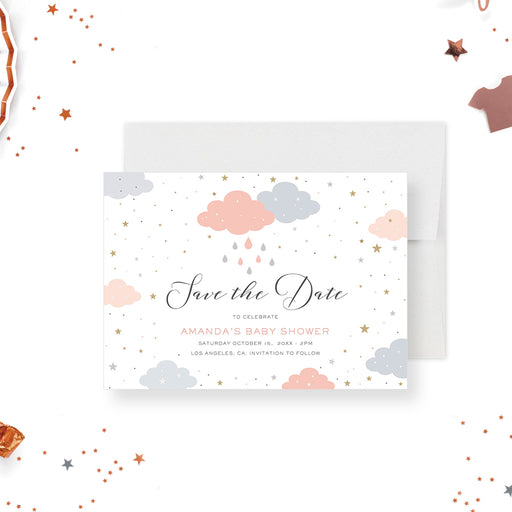 pastel baby shower save the date card with clouds, raindrops, and star accents-front