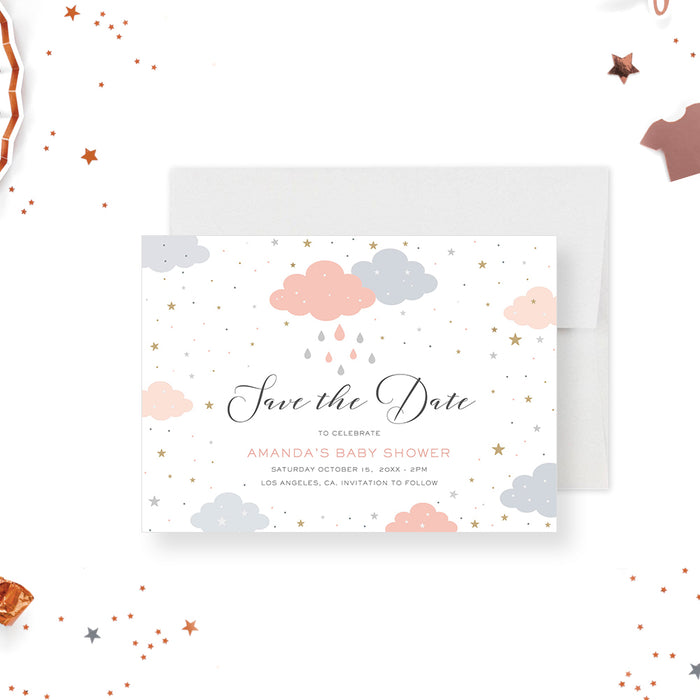 pastel baby shower save the date card with clouds, raindrops, and star accents-front