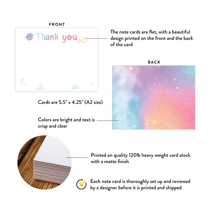 Front and back of pastel celestial thank you cards with stars and planets with A2 size and matte cardstock details.