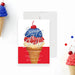 patriotic ice cream party invitation with red white and blue ice cream scoops, cherry on top, and summer celebration details-front